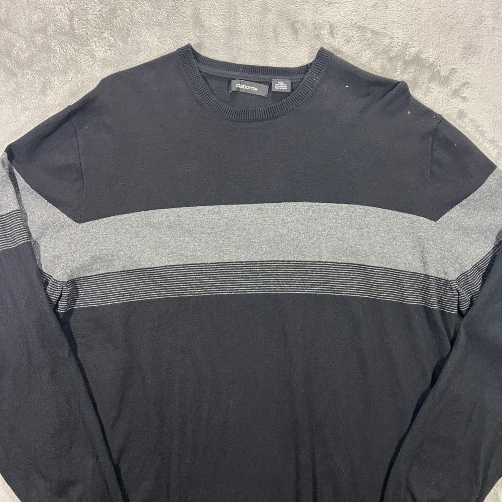 Claiborne Pullover Sweater Mens XXL Black‎ Grey Cotton Cashmere Striped Preppy